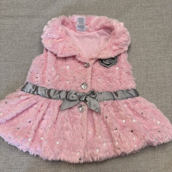 Little‎ Lass 2T Pink Sparkle Sequin Sleeveless Fur Vest OverCoat Barbiecore - Picture 1 of 5